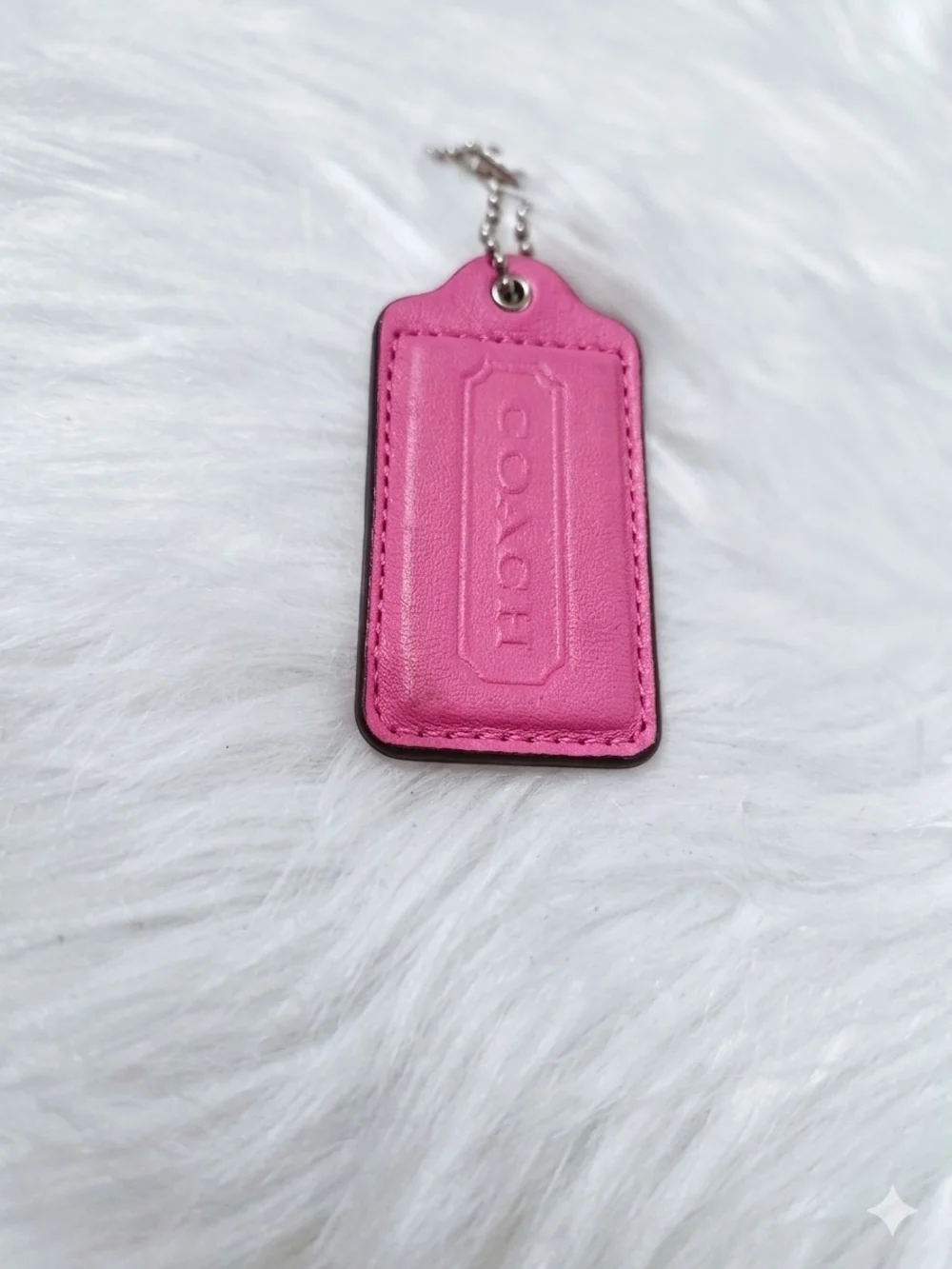 Coach Hot Pink Leather Tag Keychain with Silver Chain - Picture 1 of 2